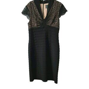 Adrianna Papell Lace Cocktail Dress Black Sz 8 Shutter Pleating Fitted V Neck